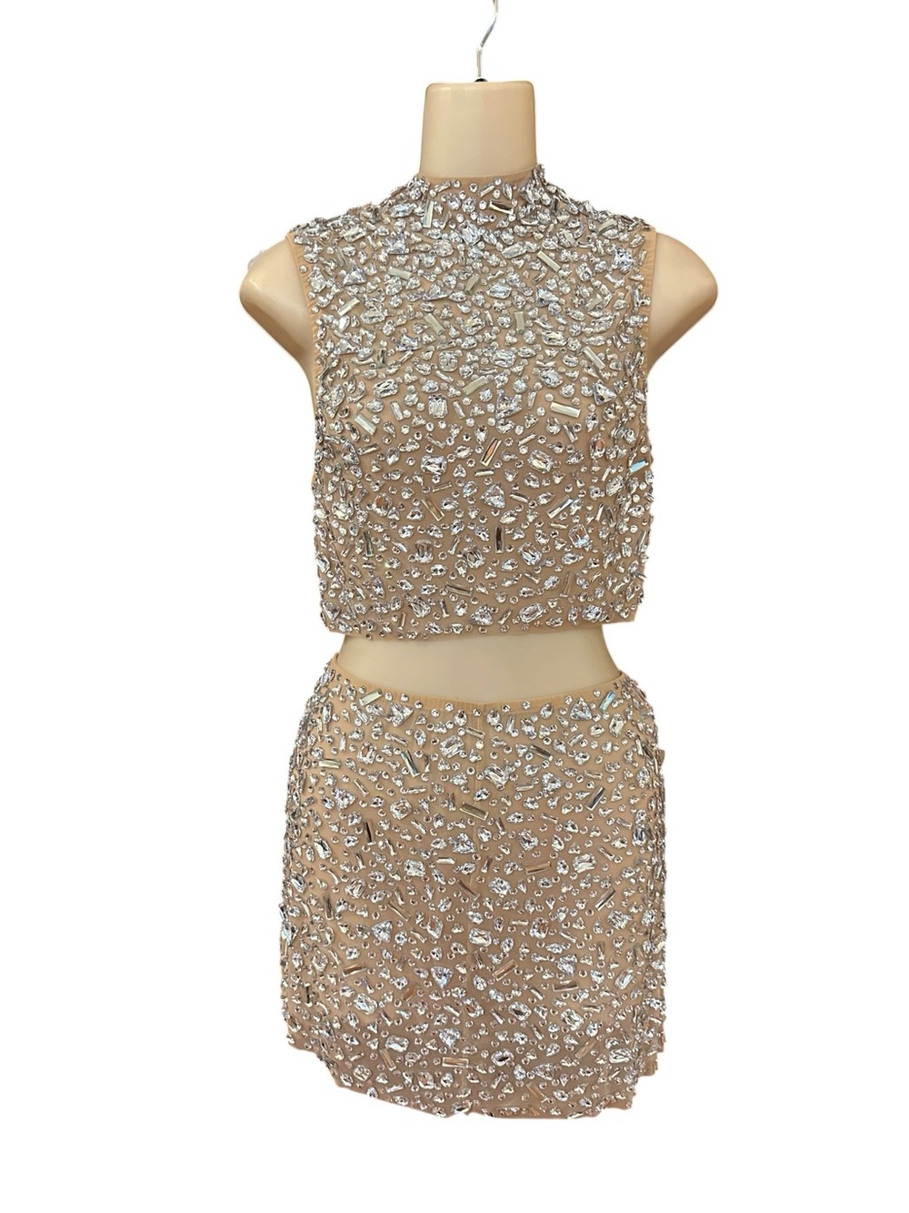 Mew Mews Two Piece Rhinestone Jewel Sheer Rowdy Embellished Set Top Skirt Size M